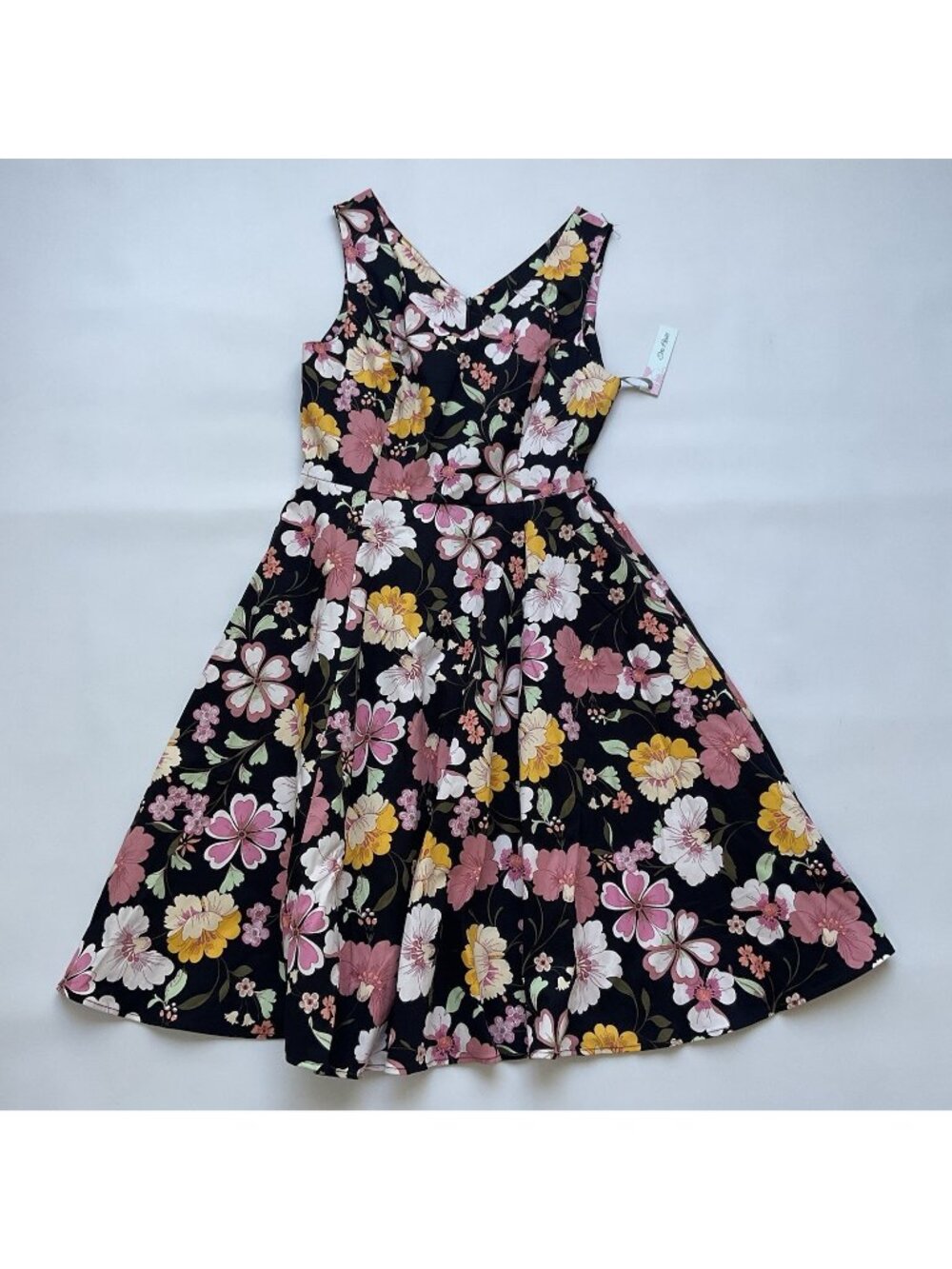 Eva Rose Women’s V-neck Black Dress With Flowers All-over Sleeveless Size L